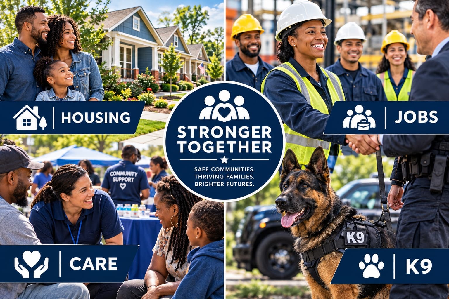 Stronger Together: safe communities, thriving families, brighter futures. A collage of the four pillars: Housing, a family outside new homes; Jobs, construction workers shaking hands; Care, a community support volunteer with a family; K9, a working dog beside its handler.